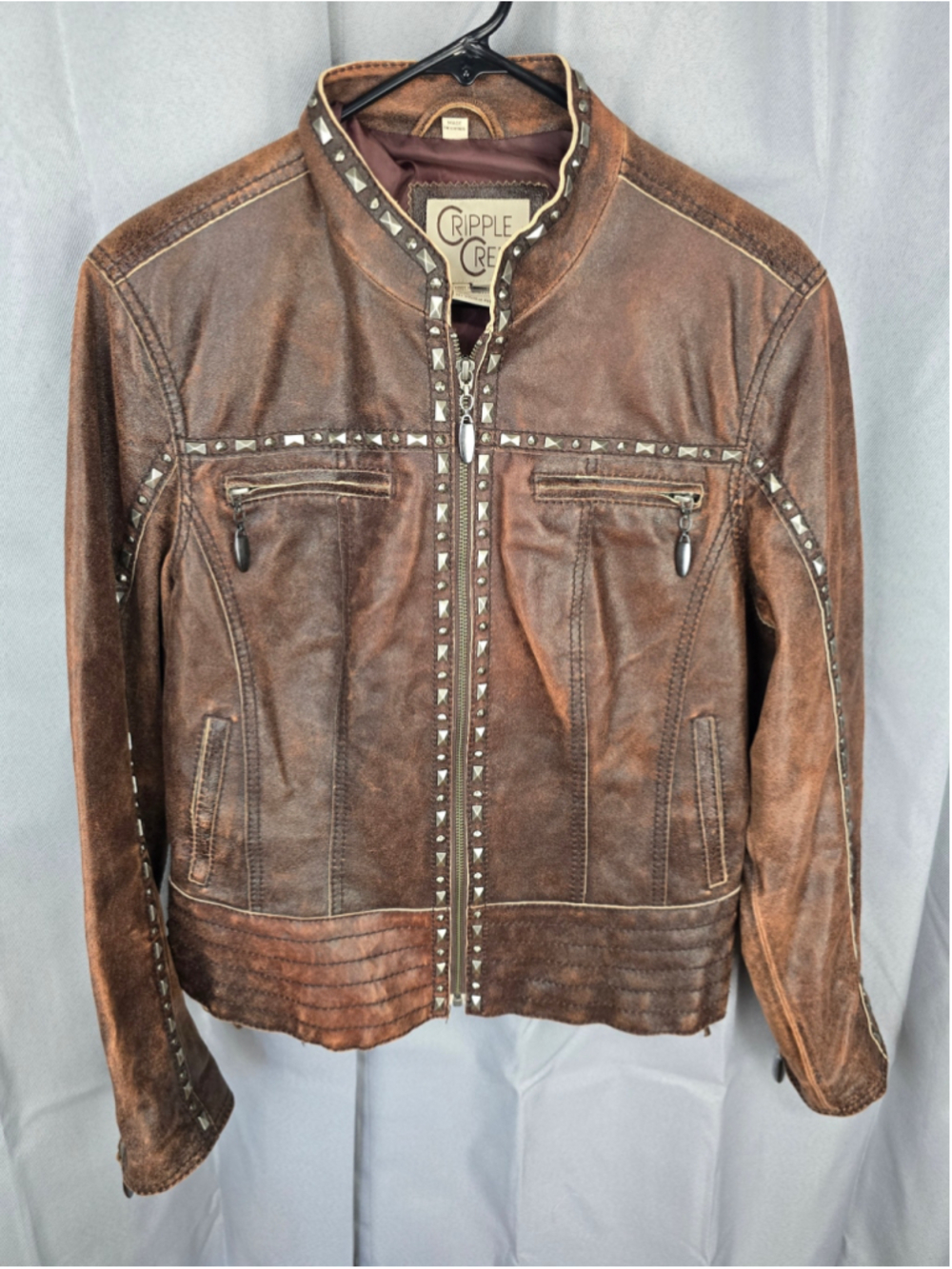 Women's Cripple Creek Leather Jacket Size L Brown Studded